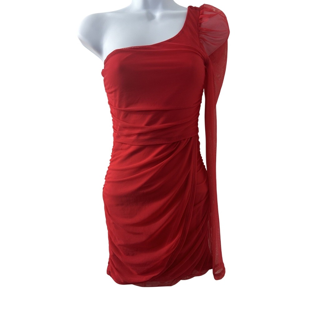Lucy in the Sky Ruched One Shoulder Dress XS Red Mesh Puff Sleeve Party Glam